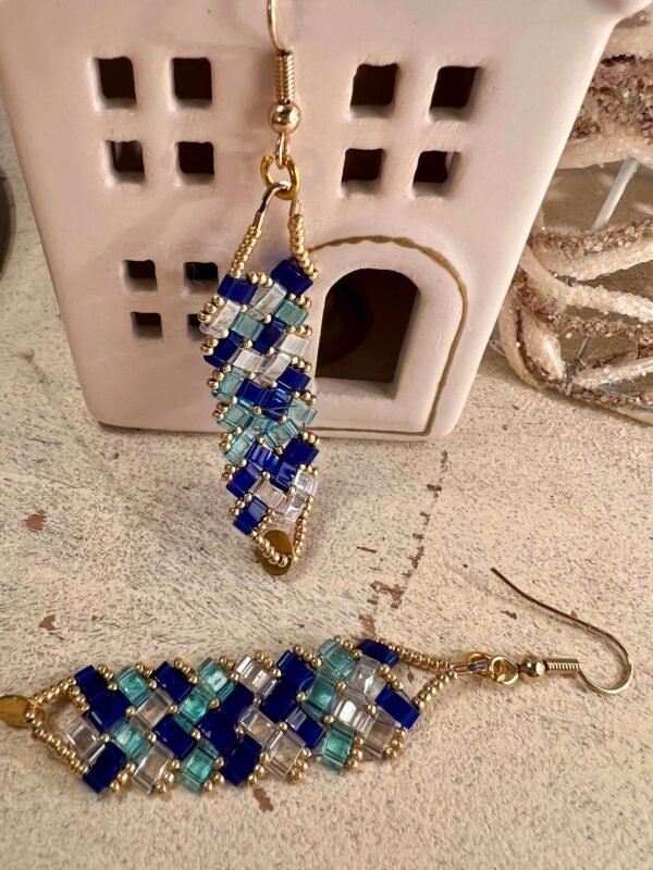 Boucle d'oreilles 3 rangs camaieu de bleu