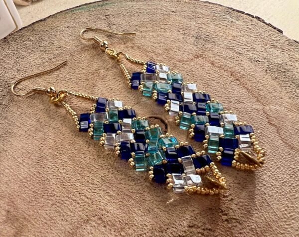 Boucle d'oreilles 3 rangs camaieu de bleu